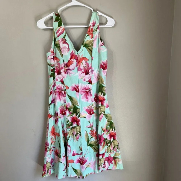 Chaps Womens Blue Pink A Line Dress 10 Floral V-Neck Sleeveless Tropical Easter - Picture 6 of 7